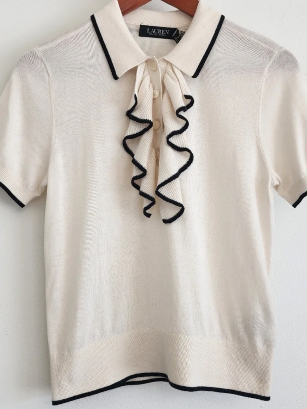 NWT $125 Lauren Ralph Lauren Ruffle Trim Short Sleeve Polo Sweater - Sz M - Picture 3 of 10